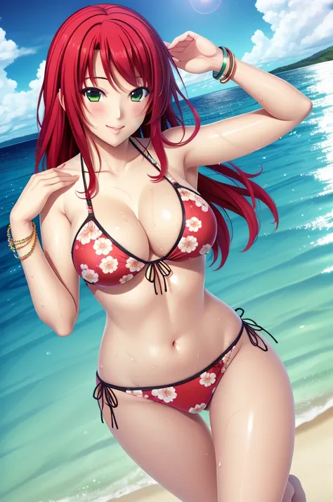 masterpiece, best quality, yukimuratouko_hm, 1girl, solo, long hair, breasts, looking at viewer, blush, smile, large breasts, cleavage, jewelry, green eyes, swimsuit, bikini, red hair, outdoors, sky, day, cloud, water, bracelet, wet, dutch angle, black bik...