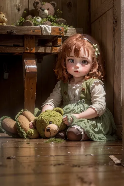 (an old, dusty, moss-covered abandoned 3 teddy bear lying on a wooden floor),(plush, vintage, worn-out),(memories, childhood, nostalgia),(best quality, highres),(vivid colors, warm tones),(soft, gentle lighting)1 girl sitting on thr floor near the teddy be...