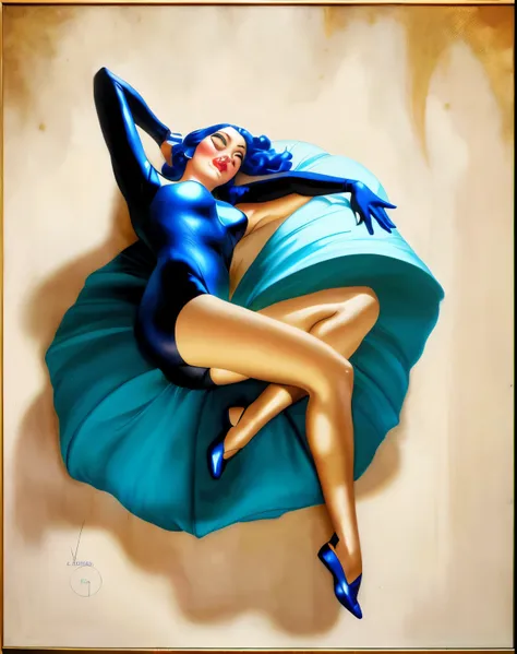 painting of a woman in a black jumpsuit lying on a blue pillow, inspirado em Alberto Vargas, Directed by: Alberto Vargas, inspirado em Rolf Armstrong, Anna Dittmann Alberto Vargas, James Jean e Rolf Armstrong, Enoque Bolles, como rolf armstrong estilo, ins...