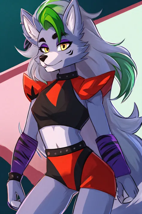 best quality, fnafroxanne, furry female, body fur, makeup, wolf ears, wolf tail, grey hair, green hair, yellow eyes, crop top,