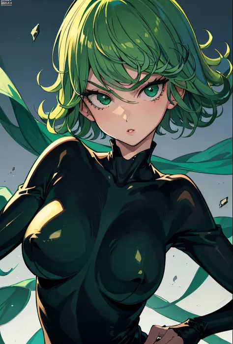 (beste-Qualit, 8K, 12), 1 girl, tatsumaki, Short Hair Hair, green hair, Huge-breasts, child, the perfect body, ultra detail face, detailed lips, Slender Eyes, gown, stands, enticing, Excited, convex areolas, steam, From Bottom