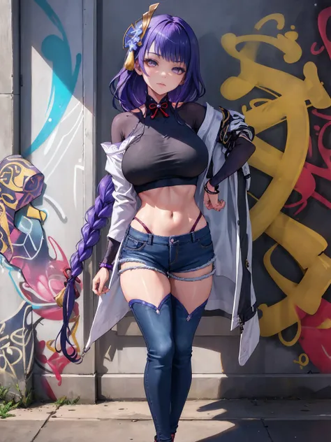 Raiden Shogun Genshin Effects Effects, master-piece, bestquality, 1girls, bara, crop top, Black long sleeve coat, shorts jeans, choker, (Graffiti:1.5), color splashes, arm behind back, against wall, looking at the audience, bracelet, Thigh strap, Head tilt...