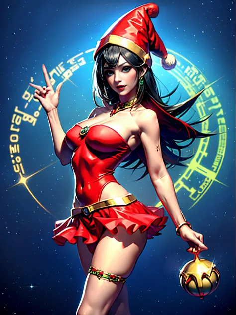 Dark magician gils con vestido rojo,((see through)), extremadamente detallado, rubio,(((Mini falda diminuta))), ((skirt lift)),(((tanga visible))),Sonriendo, ojos azules, realista, tacones rojos, (((Navidad))), escote, ((christmas tree, Regalos)), cabello ...