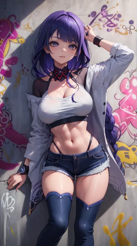 Kujou Sara Genshin Effect, masterpiece, bestquality, 1girls, bara, crop top, shorts jeans, choker, (Graffiti:1.5), color splashes, arm behind back, against wall, looking at the audience, bracelet, Thigh strap, Paint on the body............., Head tilt, bor...