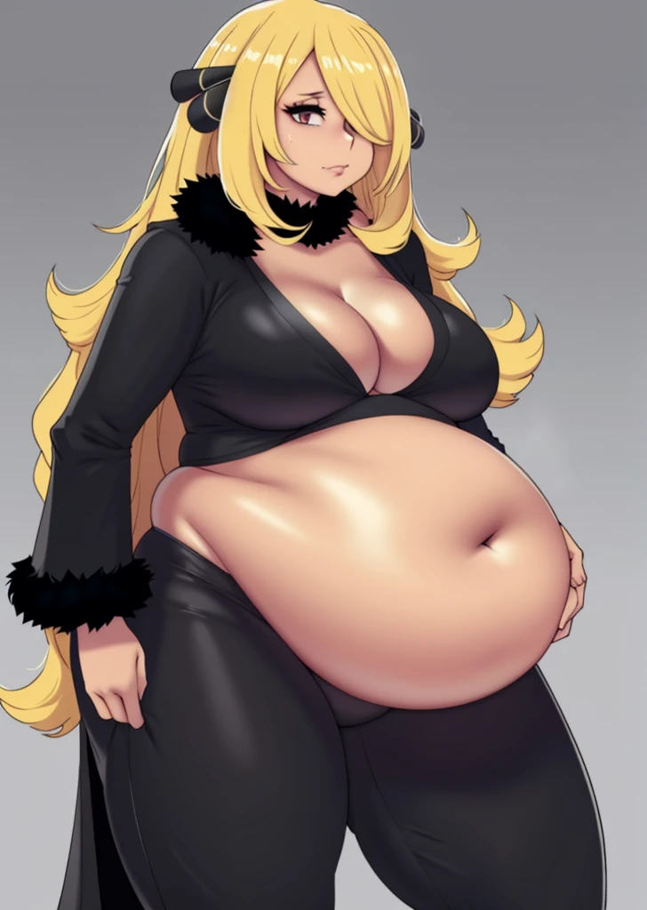 cynthia (pokemon), art by kipteitei, 1girl, solo, chubby, fat, anime, belly, big belly, full belly, muffin top, back fat, fat rolls, bbw, thick thighs, large breasts, grabbing belly, standing, blonde hair, hair over one eye, looking at viewer, black fur-tr...