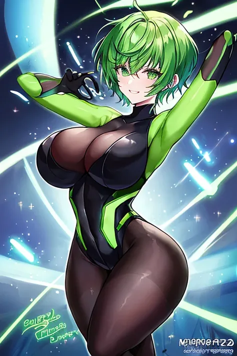 Green hair, bodysuit, short hair, tech, futuristic, science-fiction, neon trim, green neon trim, very short hair, green eyes, pantyhose, swaying hips, hip sway, breasts, large breasts, bouncing breasts, 1girl, arms behind back, hands behind head, thick thi...