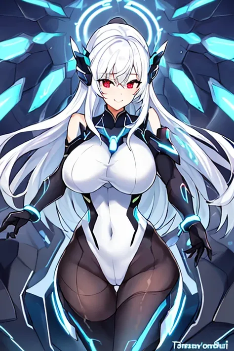 1girl, white hair, large breasts, breasts, thick thighs, wide hips, red eyes, bodysuit, black bodysuit, pantyhose, long hair, light smile, happy, science-fiction, tech, futuristic, black pantyhose, thighhighs, neon, machinery, hair ornament, ornament, neon...