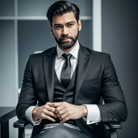 ((half body)) Photo RAW Ceo Man sitting in an office chair, wearing black suit, (Using Dark Beard) movie scene, (Impeccable) ,Serious and elegant man, , with thick male eyebrows, (with mysterious and serious face,) short dark hair, dark black background im...