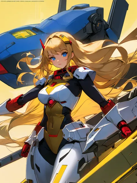 Superhero cybercore woman. Long blonde hair and blue eyes. Mecha outfit.