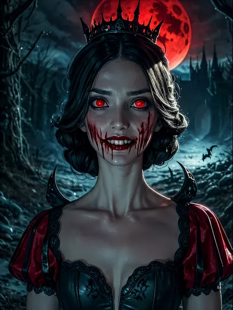 "(close up potrait), Dark snow white, gothic style, as vampire queen, wearing a gothic-style dress, with a bloodthirsty smile and blood on the face, body, and a blood moon in the background. The scene is set in a gothic castle with lots of bats, emphasizin...