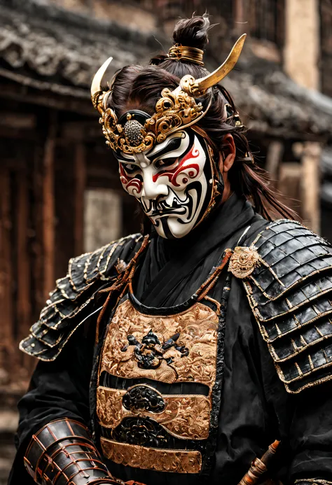 A mysterious Japanese warrior ronin with magnificent mask in portrait, the atmosphere is heavy and sad. Its very detailed and in the atmosphere of the old quarter of the time