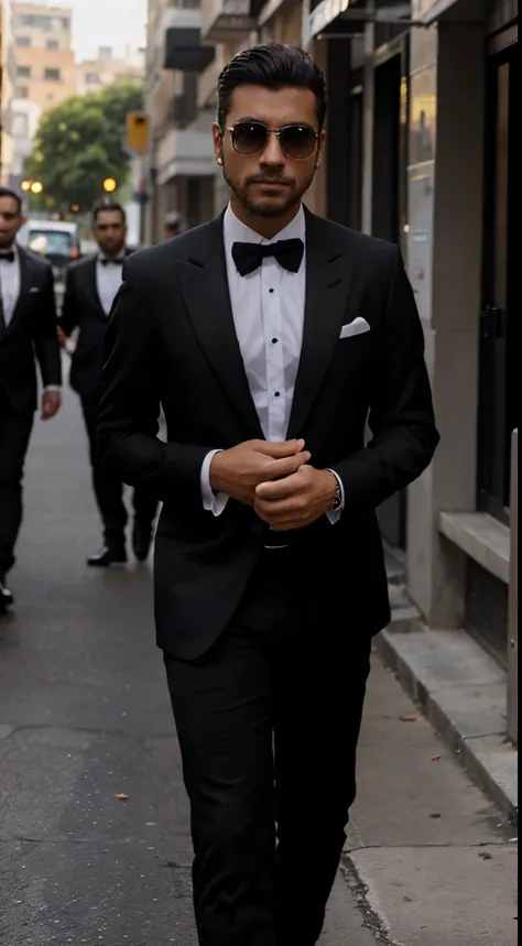 Un hombre caminando, elegante de traje negro y una mirada penetrante