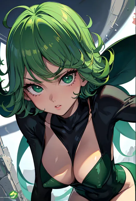 (beste-Qualit, 8K, 12), 1 girl, tatsumaki, Short Hair Hair, green hair, Huge-breasts, child, the perfect body, ultra detail face, detailed lips, Slender Eyes, gown, stands, enticing, Excited, convex areolas, steam, From Bottom