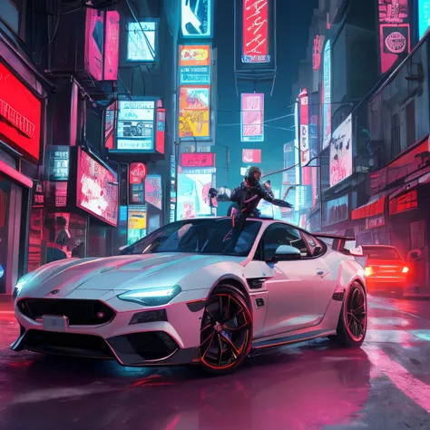 ultra detail, high resolution, ultra detailed, best quality, amazing, top quality, extremely detailed CG unity 8k wallpaper, cinematic lighting, cat fanboy, cyberpunk, dark boy. Flying cars in background, neon sign boards behind him.