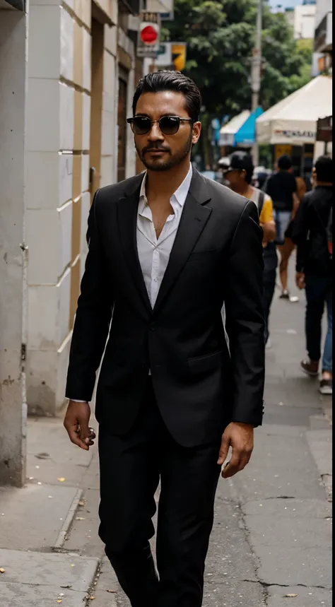 Un hombre con traje negro y gafas , caminando en la ciudad, imagen PNG.