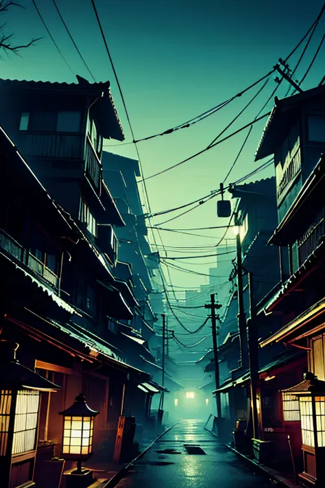 , horror game zero style background, japanese horror city at night,