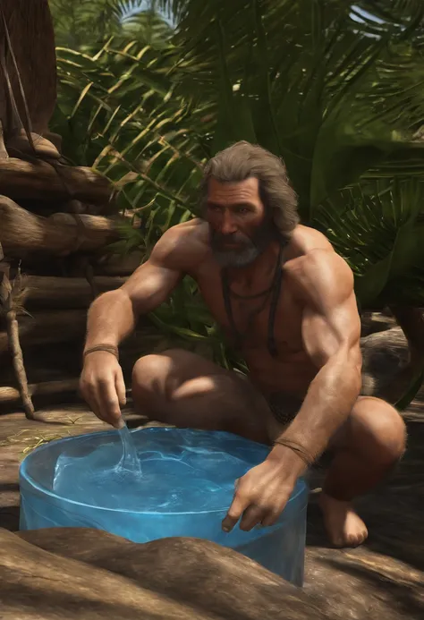 A photo of bob constructing a solar still to collect drinking water from the islands abundant sunshine.,Ark survival evolved,bob is a neanderthal looking man who carries primative tools and wears only a loincloth. he is strong from surviving on an island i...