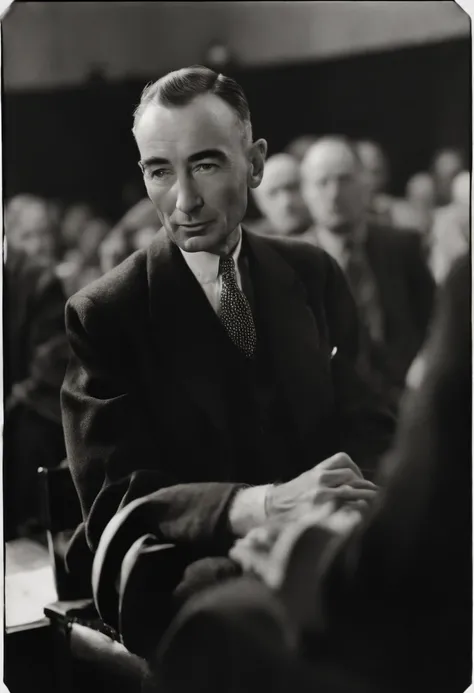 A photo of Oppenheimer attending a lecture at the University of Chicago, engrossed in the speakers presentation.,World War II,J. Robert Oppenheimer was a slender, sharp-featured man, often seen with a cigarette in hand, which complemented his contemplative...