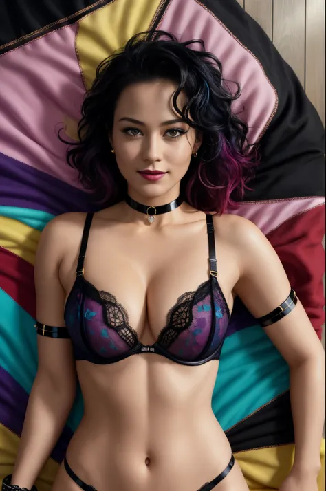 photo of a beautiful woman (Brie Larson:Amber Heard:0.25), sexy, large breasts, punk black hair, close-up, lingerie, hips, sensual, (high detail skin), detailed face, lips, choker, jewelry, [(colorful explosion psychedelic paint colors:1.21)::0.2], bedroom...