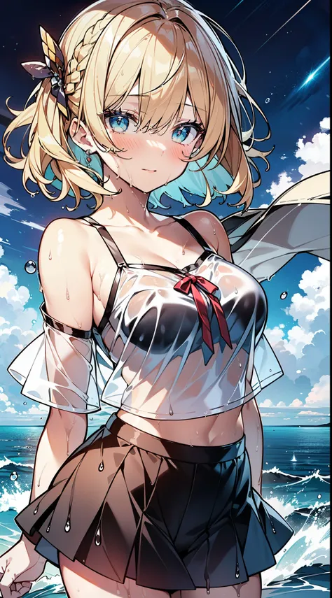 masutepiece, Best Quality,Illustration, Wallpaper, Ultra Detail, absurderes, 1girl in, Solo, (Medium short hair、short braided hair、a blond), Beautiful detailed eyes, beautiful detailed fingers,with blush cheeks,after rain , (ocean type:1.3), Night sky afte...