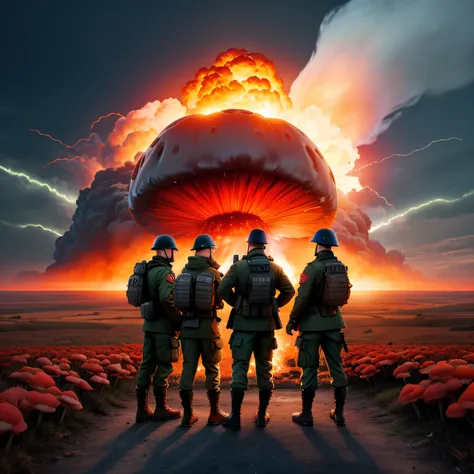 In der Ferne, Eine kleine (Gruppe von Soldaten, fullbody view) steht vor einer ((Feuerrote) Atomexplosion (Vollansicht)), single large bright red (mushroom cloud), powerful only red,