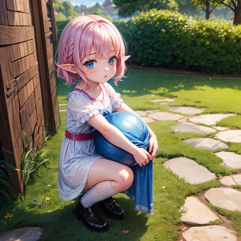 child, blue eyes, short wavy hair, elf, girl, child, little girl, pink hair