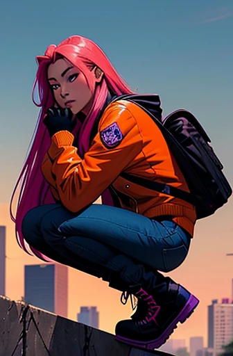 20 year old beautiful Asian girl with long hair, Lock of pink hair, beautiful blue eyes, with a worried face, wearing an orange jacket with details, black gloves, black backpack, purple jeans, combat boots, Doing parkour in a city, comic book style