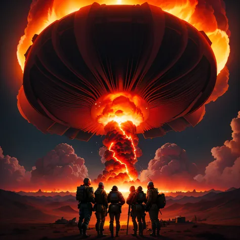 In der Ferne, Eine kleine (Gruppe von Soldaten, fullbody view) steht vor einer ((Feuerrote) Atomexplosion (Vollansicht)), single large bright red (mushroom cloud), powerful only red,