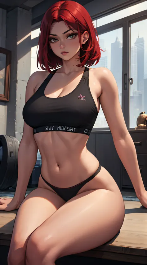 beautiful girl, red hair, thick thighs, big breasts, black sports bra, black sports panties, sitting, masterpiece, fine details, breathtaking artwork, high quality, 8k, very detailed, high resolution, exquisite composition and lighting, natural beauty,