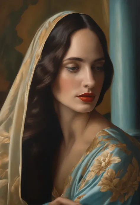 revista de moda，ultrarealism oil painting，（caqui），Monalisa，Azul claro y naranja，Fondo de naranjo，El estilo del artista Bruce Zheng，cabello brillante，Lente vaquero，art-Deco，Verismo，Floraciones，Premiado，Retinas