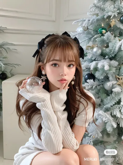 a close-up of a person sitting in front of a Christmas tree, Lalisa Manobal, Ulzzang, twintails branco_Luvas, Lalisa Manoban do Blackpink, cabelo arrumado com franja, cabelos longos com franja, com franja, cabelo comprido com franja completa, branco hime c...