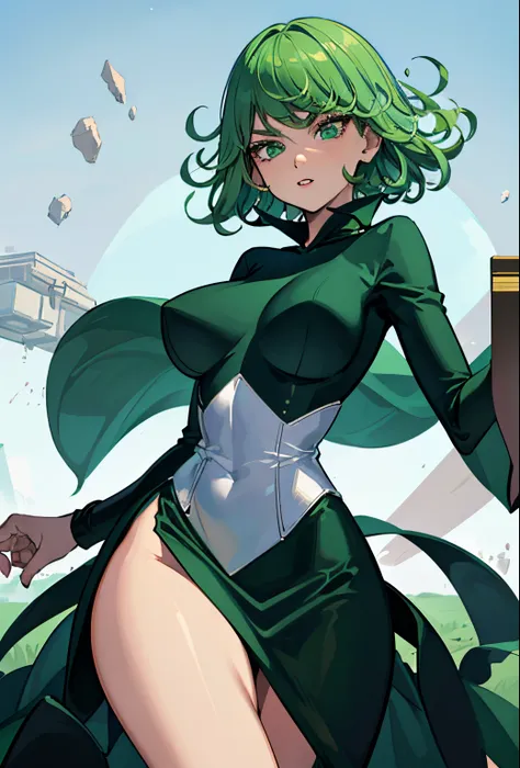 (beste-Qualit, 8K, 12), 1 girl, tatsumaki, Short Hair Hair, green hair, Huge-breasts, child, the perfect body, ultra detail face, detailed lips, Slender Eyes, gown, stands, enticing, Excited, convex areolas, steam, From Bottom