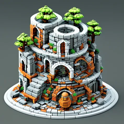 absurderes, Best quality, fantasy, isometry, Kneeling style (Miniature brick round tower:1.2), tree, stone wall, (Simple background:1.2)