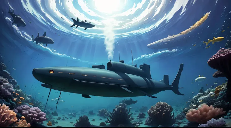 A submarine world with beautiful creatures but in the sky