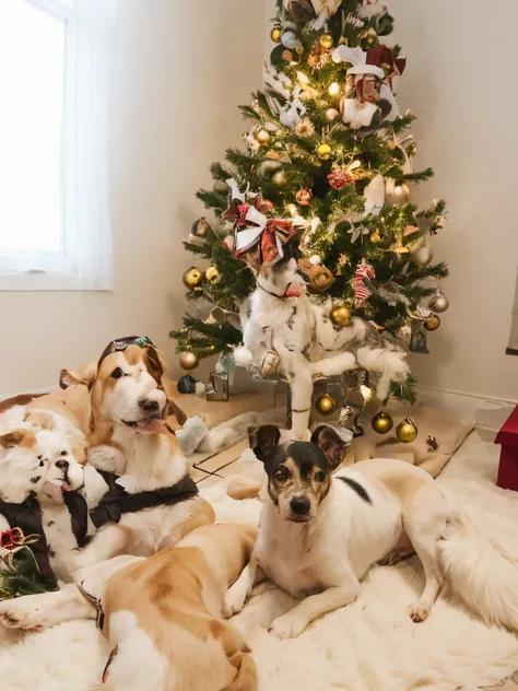 cachorro branco com lado esquerdo preto do rosto, orelha esquerda preta, lying under a Christmas tree