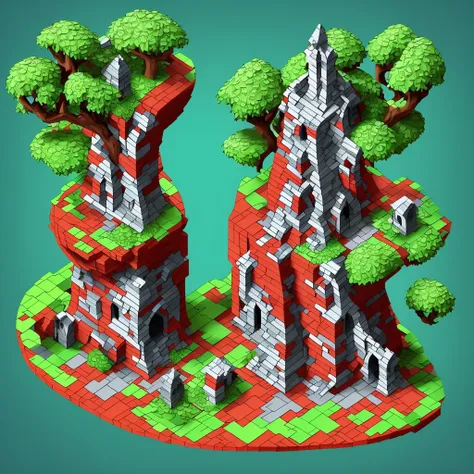 absurderes, Best quality, fantasy, isometry, Kneeling style (Miniature brick round tower:1.2), tree, stone wall, (Simple background:1.2)