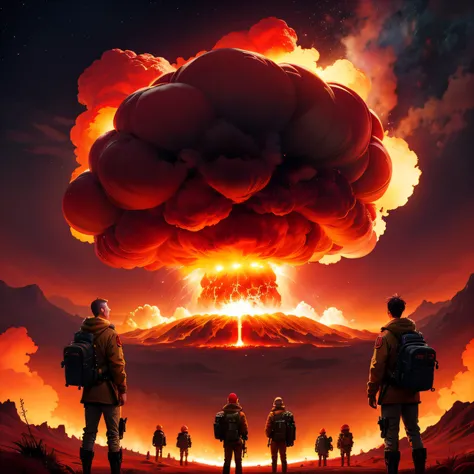 In der Ferne, A small group of men stand in front of a single, fiery red nuclear explosion, single large bright red mushroom cloud, mighty red,