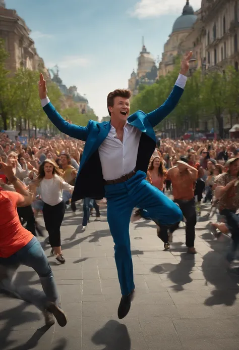 A photo of the character participating in a flash mob dance in the middle of a busy city square,original,he is rick astley