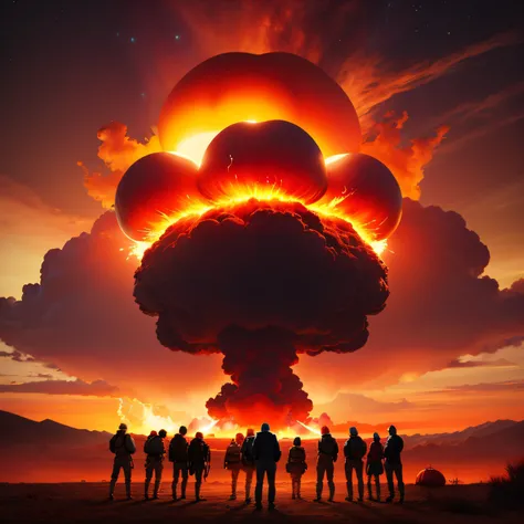 In der Ferne, A small group of men stand in front of a single, Feuerrote Atomexplosion, single large bright red mushroom cloud, mighty red,