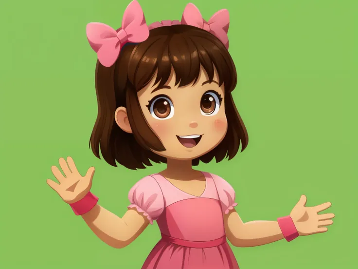 Profile image of a single 5 year old girl, alone, happy, with brown hair, brown eyes, rosy cheeks, waving her hand, green background, chroma key background, pink dress, pink gloves, pink bows on her head, style 2D childrens illustration.