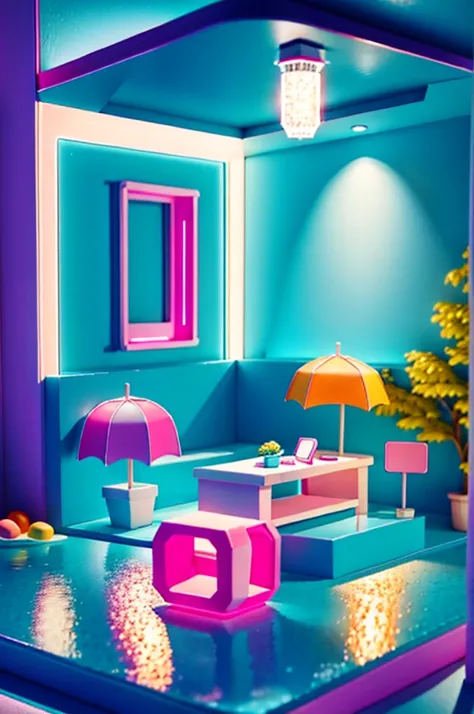 the ice cream shop，3D realism，Cute toy sculpture style，Suhiro Maruo，Pink and amber，k-pop，super detailing，2.5D，isometry，clean backdrop，Fine shine，Popmart blind box，3Drenderingof，C4D，Blender，best qualtiy，Perfect detail --ar 3:4
6、A modern home in a dark city...