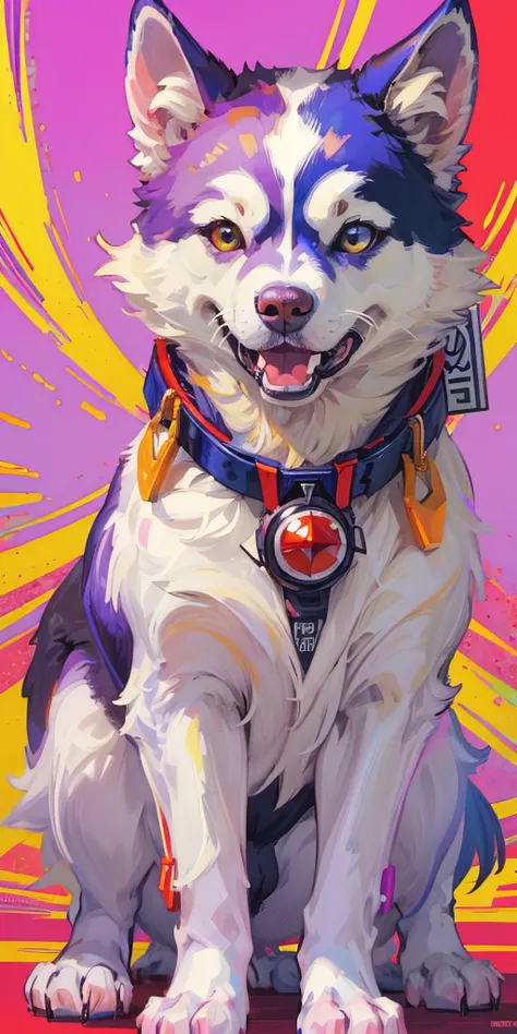 (masterpiece, best quality, ultra-detailed, 8k wallpaper), a cool huskey, in the style of anime art, light purple and yellow, chromepunk, ferrania p30, social media portraiture, victor nizovtsev, red background, vibrant, sharp