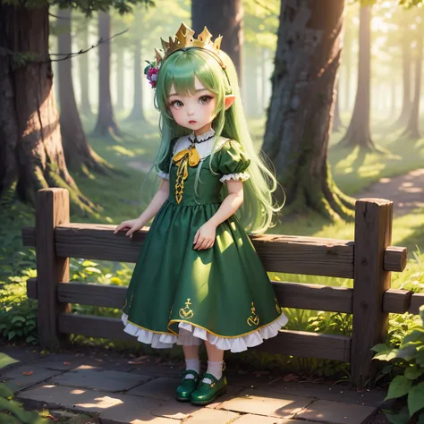 ​masterpiece、top-quality、ultra-detailliert、（Chibi Chara Grandma：1.2）、Green long hair、green dress with ruffles and peplum、green crown、Green shoes、（has a yellow flag：1.37）、fairy tale forest、crosswalk