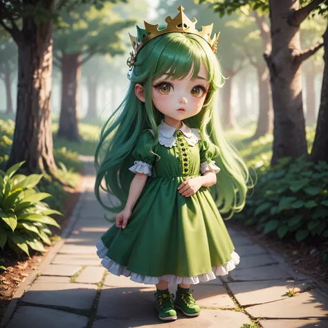 ​masterpiece、top-quality、ultra-detailliert、（Chibi Chara Grandma：1.2）、Green long hair、green dress with ruffles and peplum、green crown、Green shoes、（has a yellow flag：1.37）、fairy tale forest、crosswalk