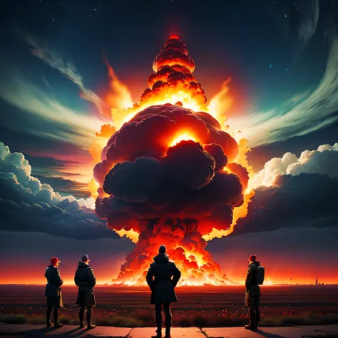 In der Ferne, (Darstellung abgeschlossen), A small group of men stand in front of a single, Feuerrote Atomexplosion, single large bright red mushroom cloud, mighty red,