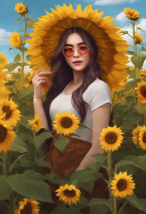 A photo of the character creating a DIY flower crown in a field of sunflowers,original,Anime merch, beanie, glasses, long hair with neon streaks, no makeup