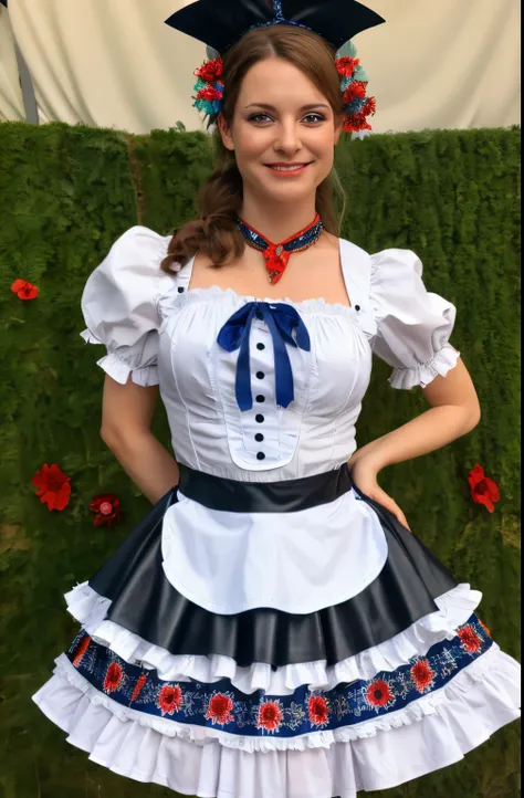 a woman in a black and red skirt and a black leather bodice, Costume with metal accents, Festival costume, high-quality costume, Tracht, Beautiful costume, Authentic costume,  inspiriert von Bernd Fasching,  Oktoberfest, Tracht, Rosen Jungfrau, Trachtenkle...