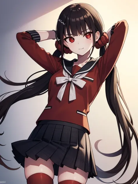 solo, harukawa maki, long hair, bangs, brown hair, black hair, hair ornament, (red eyes:1.5), twintails, very long hair, hairclip, blunt bangs, mole under eye, low twintails, scrunchie, hair scrunchie, red scrunchie, (small breast:1.2), BREAK skirt, shirt,...