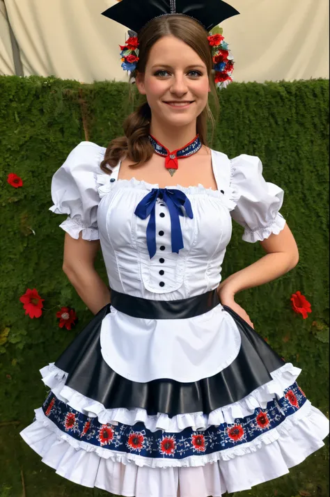 a woman in a blue and white skirt and a black leather bodice, Costume with red accents, Maid Costume, Festival costume, high-quality costume, Tracht, maid dress, Beautiful costume, Authentic costume, French maid, inspiriert von Bernd Fasching, maid outfit,...