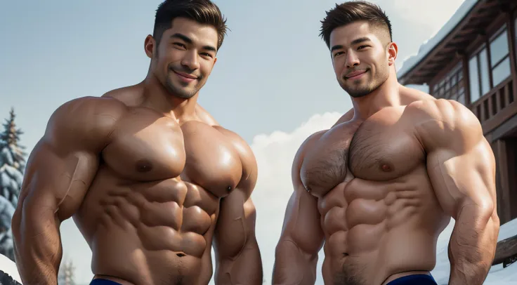 A two chinese bodybuilders ((2 boys))，short detailed hair，Short stubble，Wear bright gold thongs，Winter is full of romance.The old buildings became more peaceful and rustic in the snow, smile, mischievous smile, mischievous expression, white teeth, mouth sl...